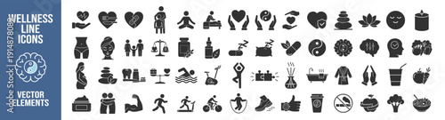 Wellness and spa line icon collection, yoga, meditation, healthcare, fitness and healthy lifestyle symbols on transparent background