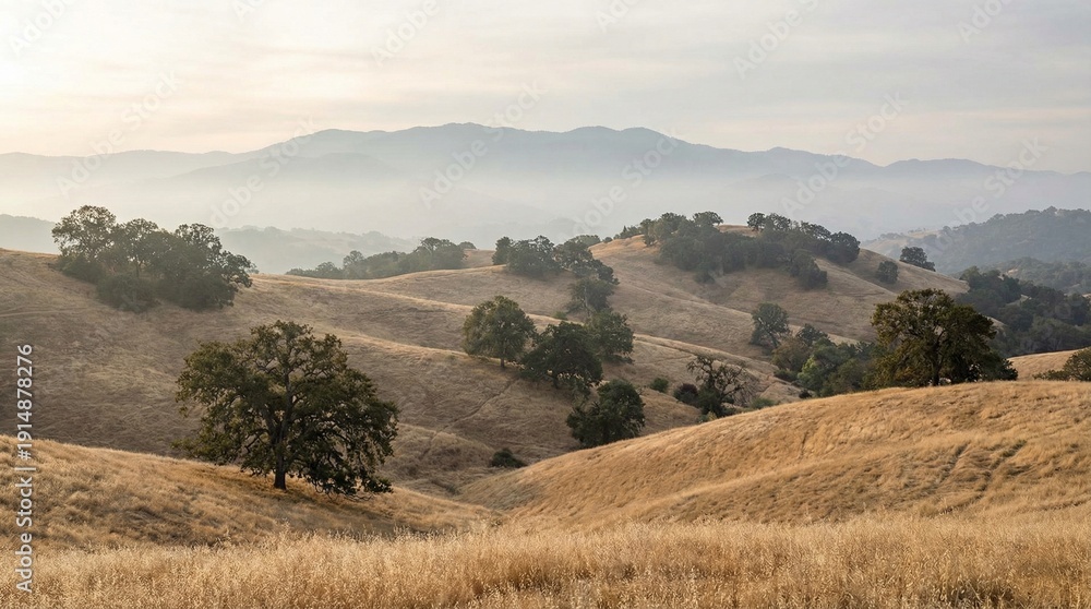 Fototapeta premium “Misty Layered Hills Landscape with Soft Atmospheric Depth”