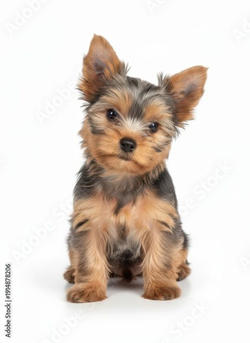 Wallpaper Mural A small Yorkshire Terrier puppy sitting and looking directly at the camera with a curious expression in a studio setting from a frontal viewpoint Torontodigital.ca