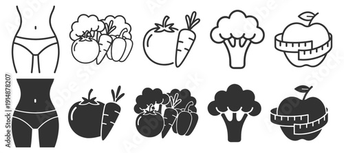 Diet and fitness silhouette icon set, slim waist, fresh vegetables and fruit with measuring tape for healthy lifestyle on transparent background