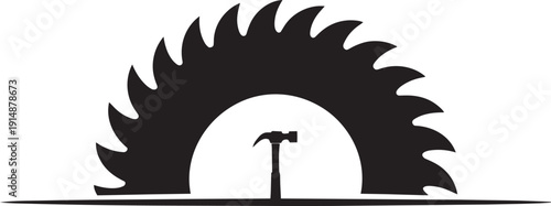 Circular saw blade with hammer and anvil representing carpentry construction industry and DIY projects