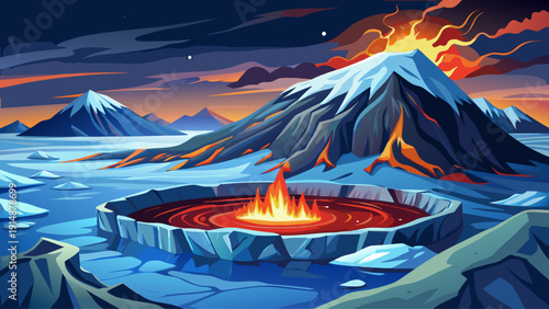 Very beautiful icy slopes of Mount Erebus surround a persistent lava lake, contrasting frozen Antarctic silence with glowing volcanic energy beneath polar skies.