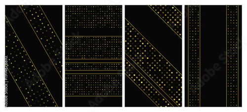 Set of dark backgrounds with golden lines and glittering dots