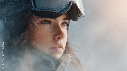 AI generative image of serious mature woman in ski