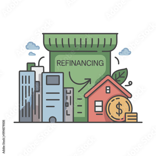 Refinancing concept with bank building and house illustration