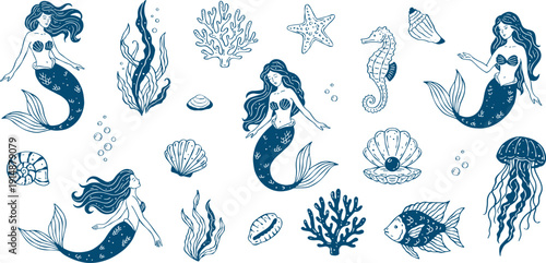 Hand-drawn vector doodle underwater set with mermaid, seaweed, corals, shells, starfish, fish, jellyfish, bubbles, seahorse and pearl. Isolated line art elements, minimal elegant style