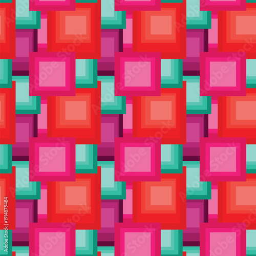 Seamless abstract geometric pattern of nested colorful squares in red, pink, and teal for modern background design