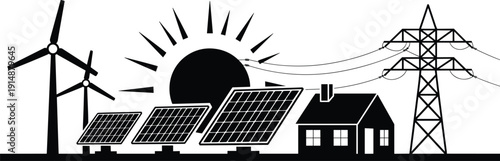 Black silhouette renewable energy concept with wind turbines, solar panels and power lines supplying electricity to house isolated on light background