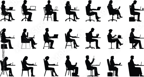 Business people silhouettes working on laptops at desks, office workers collection in different sitting poses, black vector illustration isolated on white background