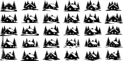 Cabin house silhouettes collection, cozy woodland cottages surrounded by pine trees, black winter home icons isolated on white background