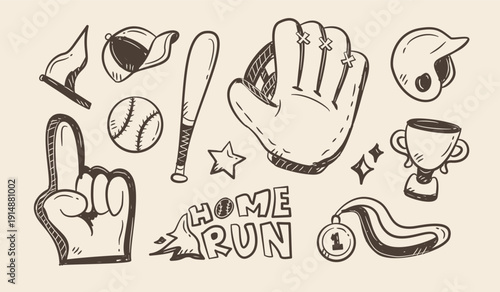 Baseball doodle set. Collection of Baseball equipments hand drawn illustration. Softball item kits vintage elements. Scribble of ball, gloves, bat, helmet, home run, medal, cup, trophy, cap.