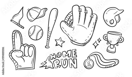 Baseball doodle set. Collection of Baseball equipments hand drawn illustration. Softball item kits vector elements. Scribble of ball, gloves, bat, helmet, home run, medal, cup, trophy, cap.
