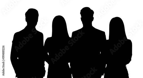 Four silhouetted individuals standing closely together in a group formation