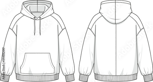Men or Women Oversized Hoodie with Front Pocket and Raglan Sleeves Fashion Technical Sketch Vector Illustration for Apparel Design Templates
