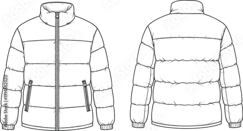 Men Puffer Jacket Fashion Technical Sketch Vector Illustration with High Collar and Zip Pockets Front and Back View for Apparel