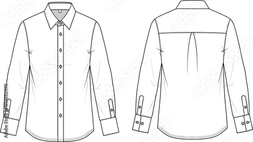 Technical Flat Sketch of Men's Long Sleeve Button Down Dress Shirt Front and Back View for Fashion Design and Production