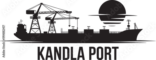 Kandla port silhouette vector with industrial cargo ship and setting sun over harbor horizon