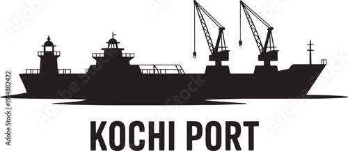 Kochi port silhouette depicting industrial cargo ship with multiple loading cranes and tower