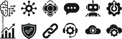 Cyber security and cloud computing infrastructure icon set. Solid vector symbols of artificial intelligence brain, network nodes, robot assistant, shield protection, secure link, and technical support