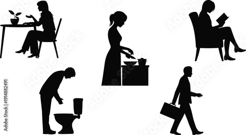 People daily activities silhouette set, woman cooking reading working and man walking cleaning vector illustration isolated on white background