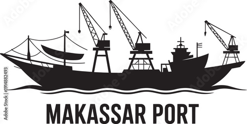 Makassar port silhouette vector illustration of industrial cargo ship with cranes in harbour