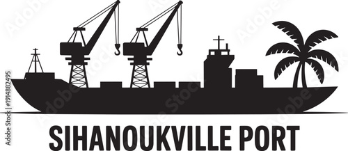 Sihanoukville port silhouette icon featuring cargo ship with industrial cranes and palm trees