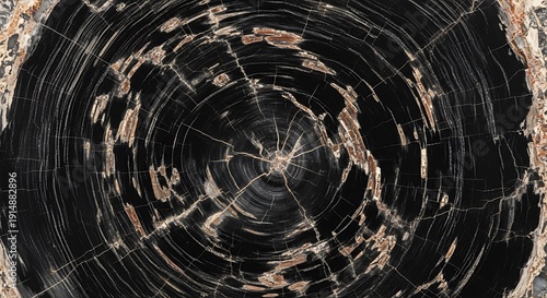 Close up of a detailed cross section of petrified wood with rings