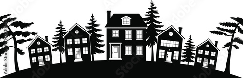 Suburban houses and pine trees silhouette landscape, residential neighborhood skyline in black and white vector illustration isolated on white background