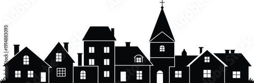 Small town skyline silhouette vector, village houses and church tower isolated on white background, residential neighborhood architecture real estate concept illustration