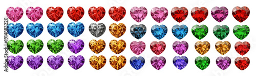 Collection of shimmering heart-shaped gemstones in various colors, representing love, luxury, and preciousness, with brilliant facets.