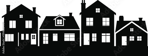 Suburban houses silhouette vector illustration, residential neighborhood skyline with modern family homes isolated on white background, real estate property concept