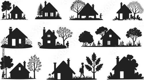 Collection of house silhouettes with trees and people, residential home icons set, black village cottages isolated on white background vector illustration