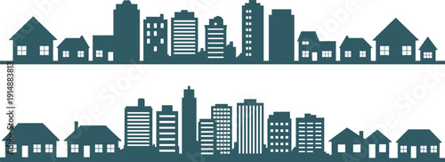 Urban city skyline with suburban houses silhouette banner, modern residential and commercial buildings panorama, flat vector illustration isolated on white background