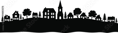 Village skyline silhouette vector illustration, small town houses and church on rolling hills isolated on white background, rural residential landscape concept