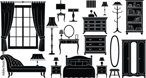 Vintage bedroom furniture silhouettes collection, classic interior elements including bed wardrobe dresser mirror window and lamps, black vector illustration isolated on white background