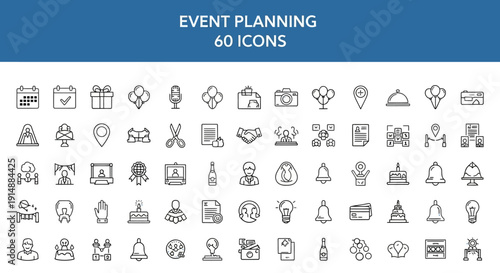 Set of 60 event planning icons, ideal for business meetings and festive occasions