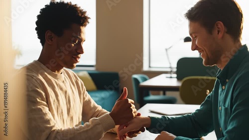 Wallpaper Mural Two Men Shake Hands and Give Thumbs Up in Office, Business Deal Concept Torontodigital.ca