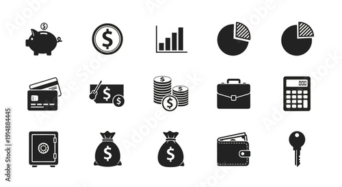 Set of black and white financial icons illustrating money, savings, and accounting.