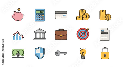 Set of financial icons: piggy bank, calculator, credit card, money and charts on white background