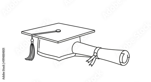 Black and white line art drawing of a graduation cap with a tassel and a rolled diploma scroll tied with a ribbon, symbolizing academic achievement and completion.