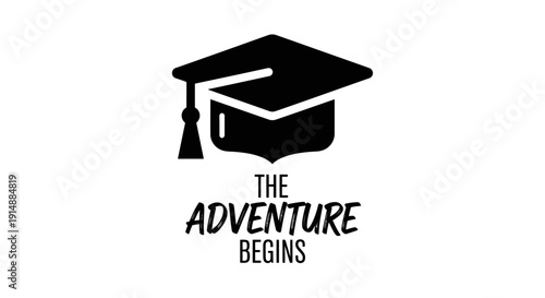 Black graduation cap with tassel above the text "The Adventure Begins" on a clean white background.
