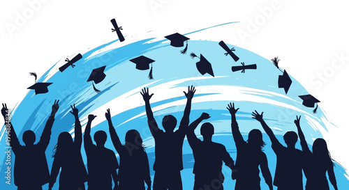 Silhouettes of joyful graduates throwing their caps and diplomas into the air in celebration of their academic achievement and future success.