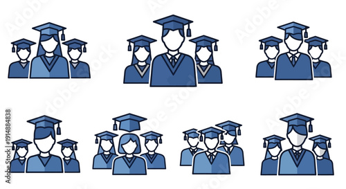 Collection of graduation icons representing students in academic regalia with caps and gowns.