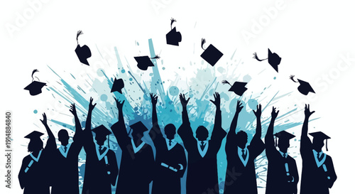 Silhouettes of happy graduates throwing their caps in the air, celebrating their academic achievement with a blue splash background.