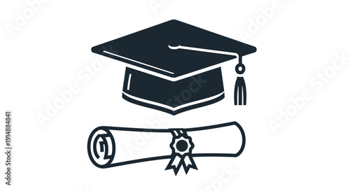 Graduation cap and diploma scroll, symbols of academic achievement and education.