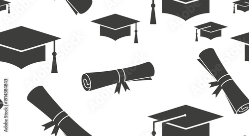 A seamless pattern of black graduation caps and rolled diplomas on a white background, symbolizing academic achievement and success.