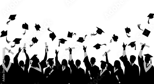 Silhouette of a graduating class tossing their caps and diplomas in the air in celebration.