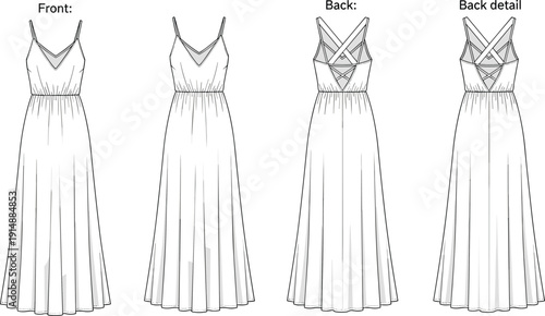 Women Casual Backless Maxi Dress with Cross Straps and V-Neckline Fashion Technical Sketch Vector Illustration for Apparel Design Templates