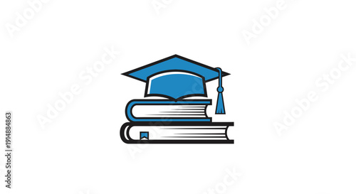 A graduation cap rests on a stack of two open books, symbolizing education and learning.