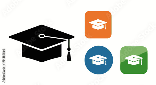 Black graduation cap and three colorful icons representing education and academic achievement.